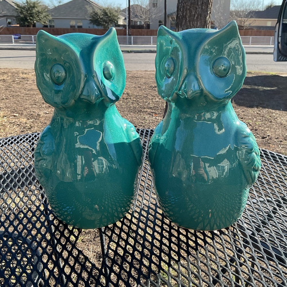 Vintage Pair Of Teal Glazed Ceramic Owl Figurines 10.5  Inches Tall